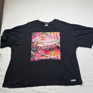 Akademiks Black Short Sleeve Tee with Pink Tropical Graphic